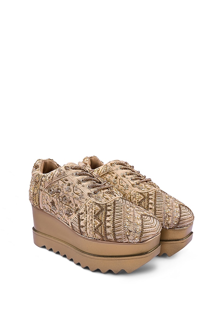 Off-White Satin Cutdana Hand Embroidered Sneakers by Anaar at Pernia's Pop Up Shop