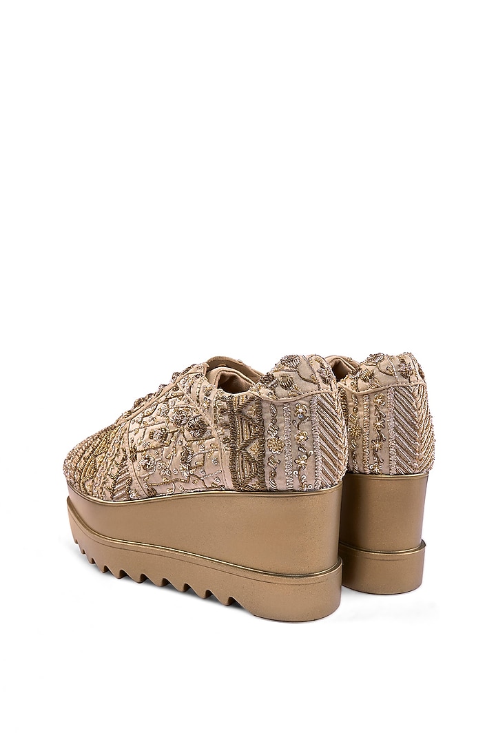 Off-White Satin Cutdana Hand Embroidered Sneakers by Anaar at Pernia's Pop Up Shop