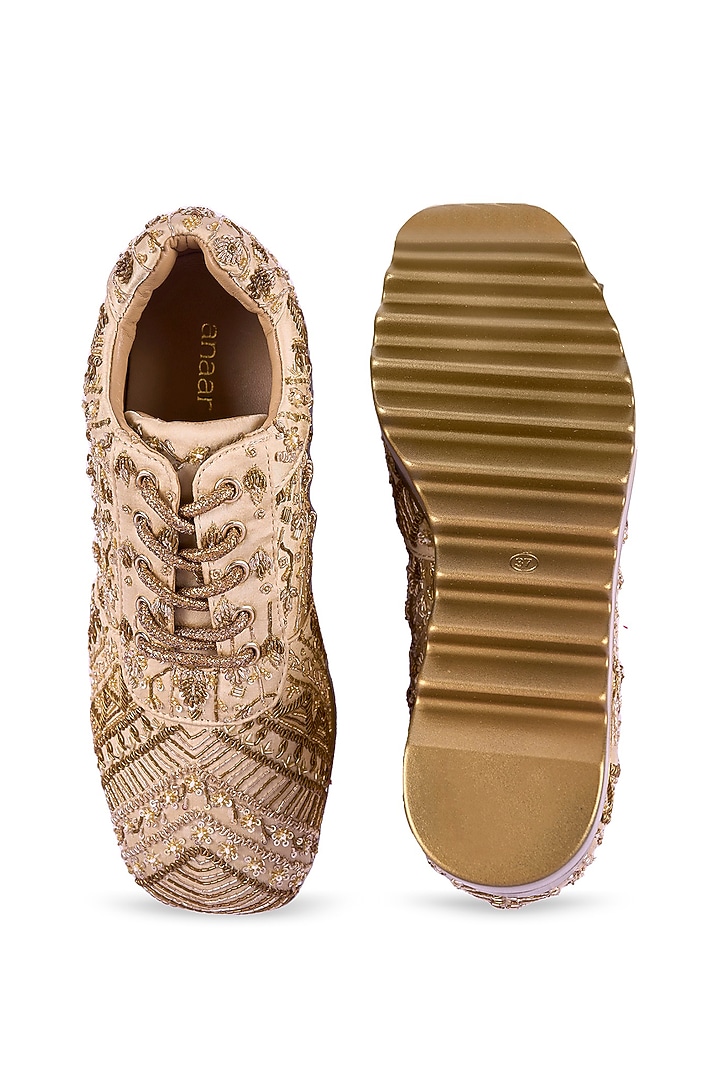 Off-White Satin Cutdana Hand Embroidered Sneakers by Anaar at Pernia's Pop Up Shop