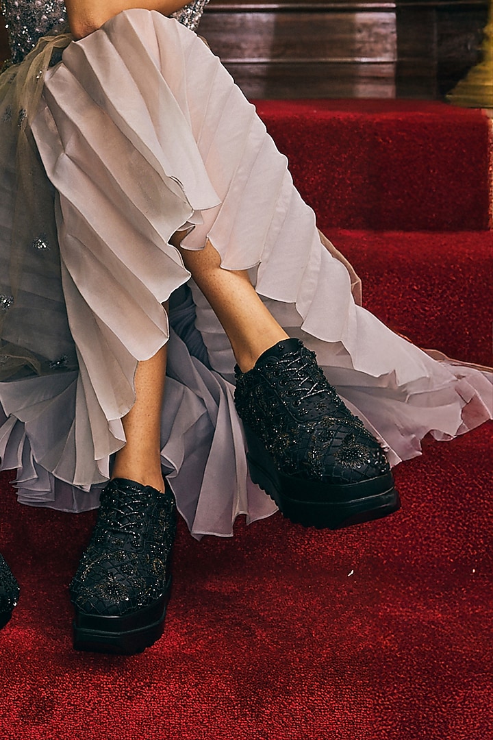 Black Satin Zardosi Hand Embroidered Sneakers by Anaar at Pernia's Pop Up Shop