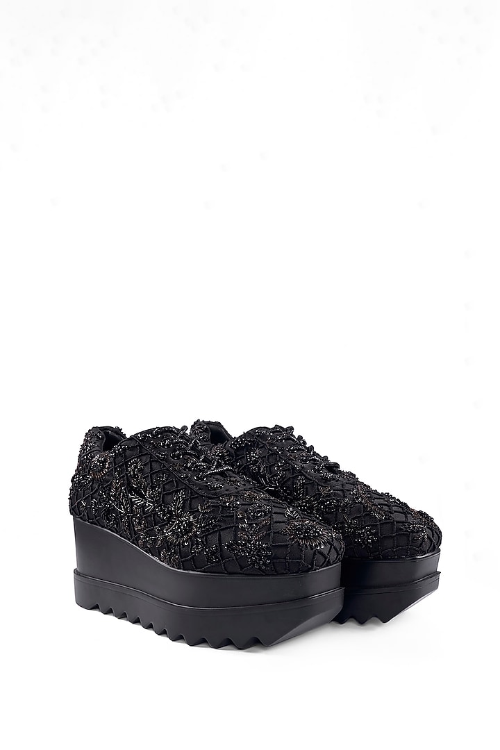 Black Satin Zardosi Hand Embroidered Sneakers by Anaar at Pernia's Pop Up Shop
