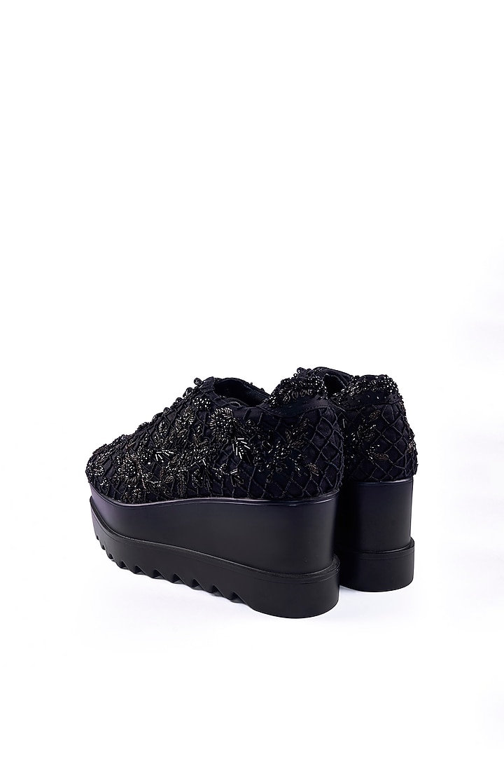 Black Satin Zardosi Hand Embroidered Sneakers by Anaar at Pernia's Pop Up Shop