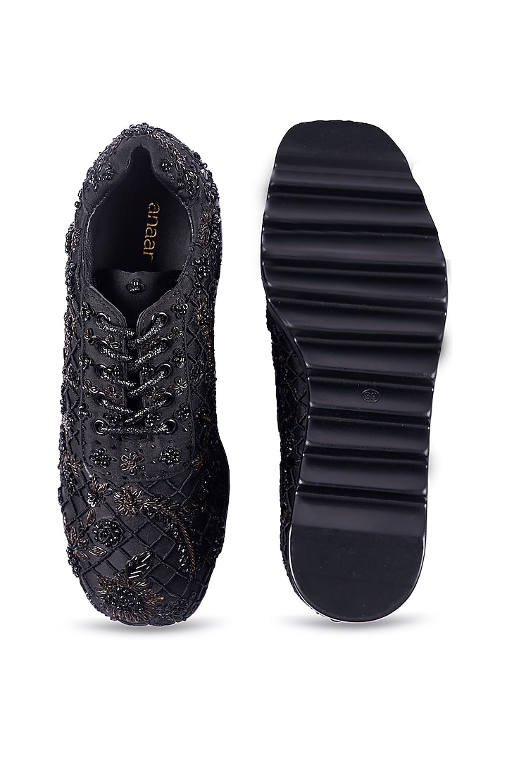 Black Satin Zardosi Hand Embroidered Sneakers by Anaar at Pernia's Pop Up Shop