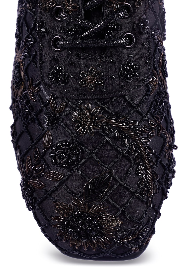 Black Satin Zardosi Hand Embroidered Sneakers by Anaar at Pernia's Pop Up Shop