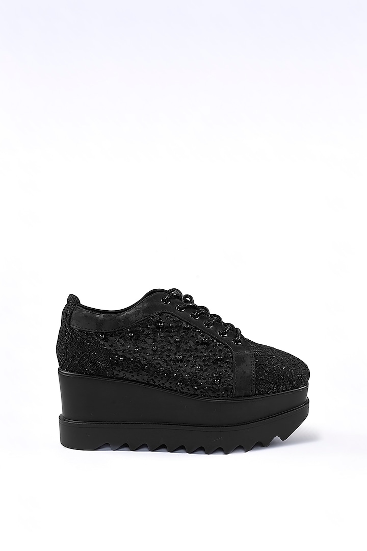 Black Lace Pearl Hand Embroidered Sneakers by Anaar at Pernia's Pop Up Shop