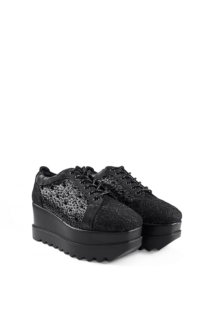 Black Lace Pearl Hand Embroidered Sneakers by Anaar at Pernia's Pop Up Shop