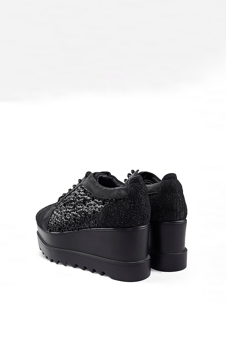 Black Lace Pearl Hand Embroidered Sneakers by Anaar at Pernia's Pop Up Shop