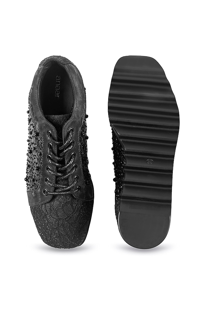 Black Lace Pearl Hand Embroidered Sneakers by Anaar at Pernia's Pop Up Shop