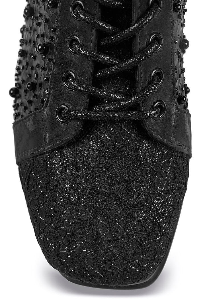 Black Lace Pearl Hand Embroidered Sneakers by Anaar at Pernia's Pop Up Shop