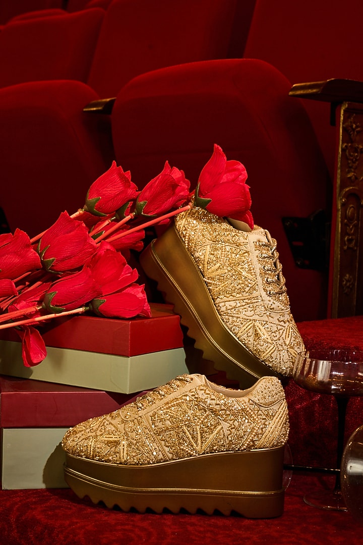 Gold Satin Zari Hand Embroidered Sneakers by Anaar at Pernia's Pop Up Shop