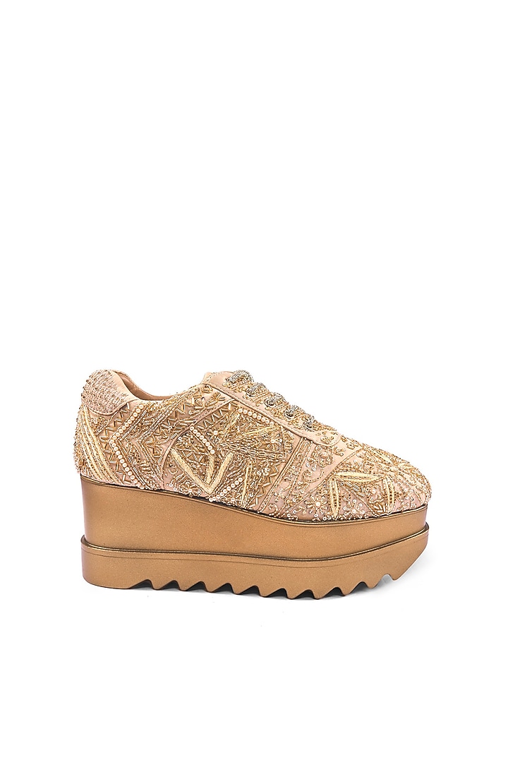 Gold Satin Zari Hand Embroidered Sneakers by Anaar at Pernia's Pop Up Shop