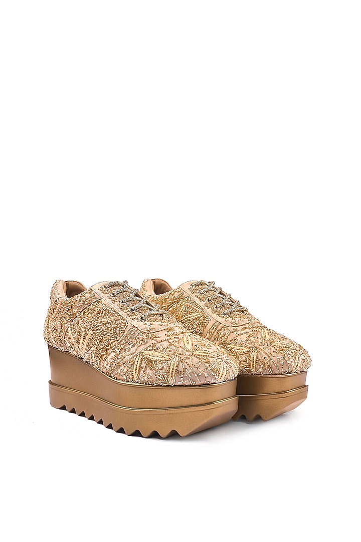 Gold Satin Zari Hand Embroidered Sneakers by Anaar at Pernia's Pop Up Shop