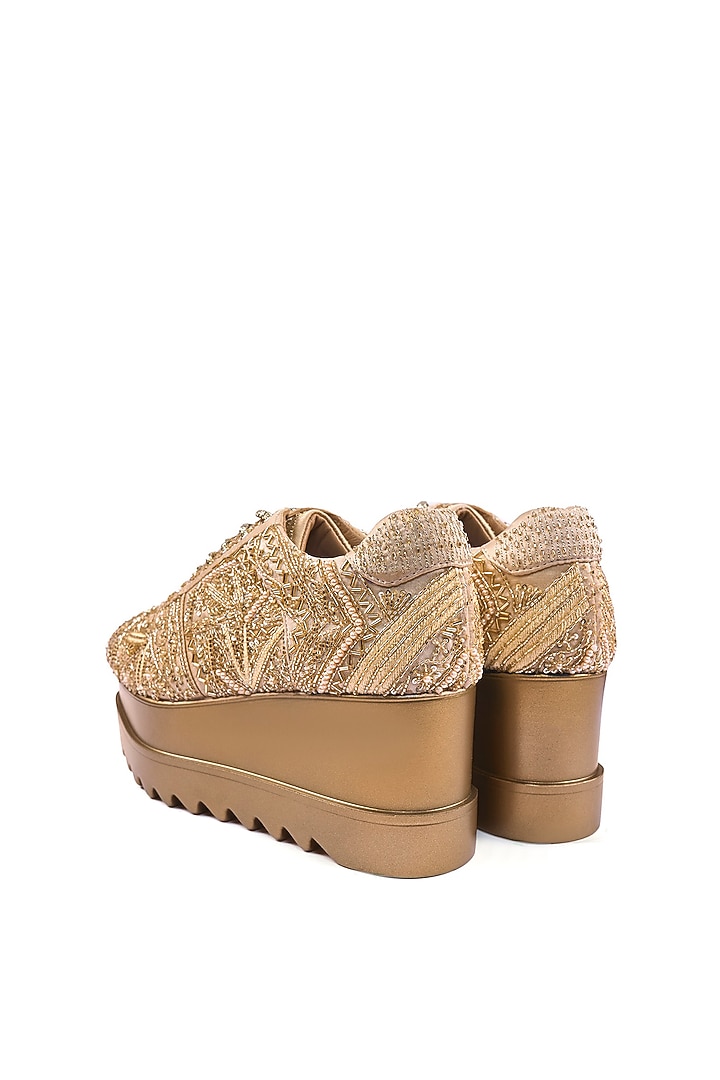 Gold Satin Zari Hand Embroidered Sneakers by Anaar at Pernia's Pop Up Shop