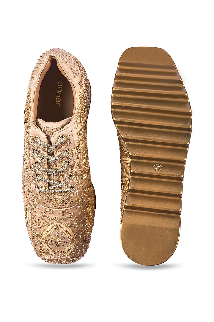 Gold Satin Zari Hand Embroidered Sneakers by Anaar at Pernia's Pop Up Shop