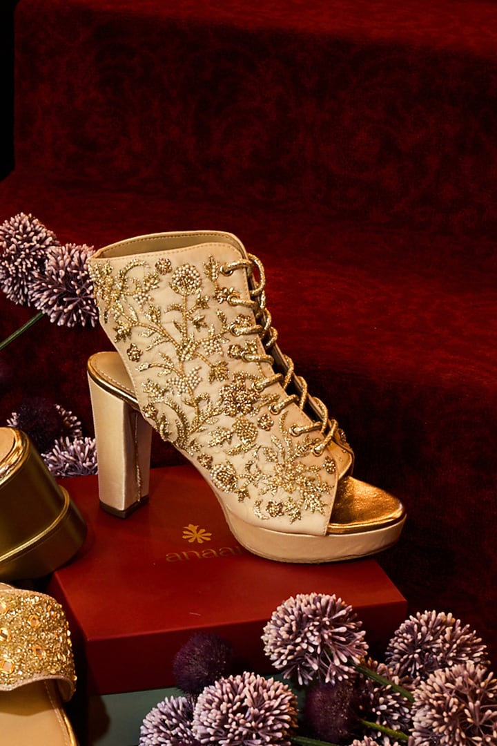 Gold Satin Floral Embroidered Boots by Anaar at Pernia's Pop Up Shop