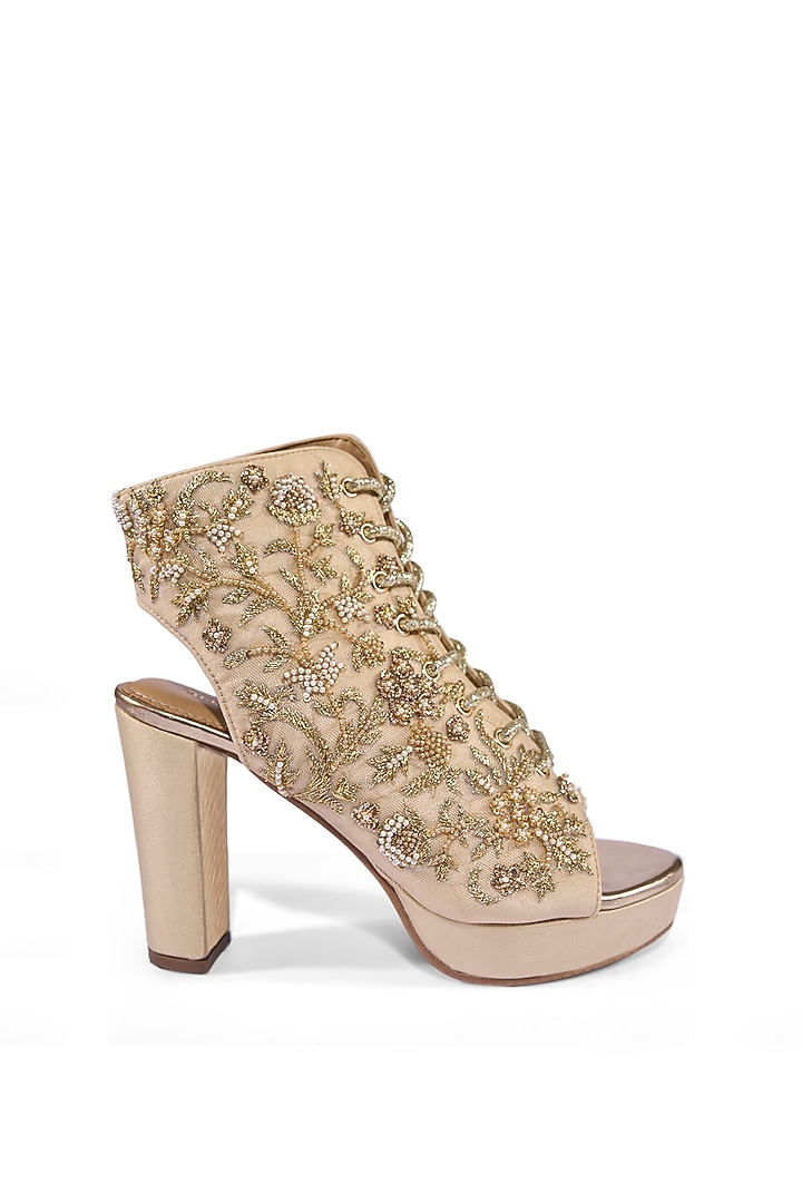 Gold Satin Floral Embroidered Boots by Anaar at Pernia's Pop Up Shop