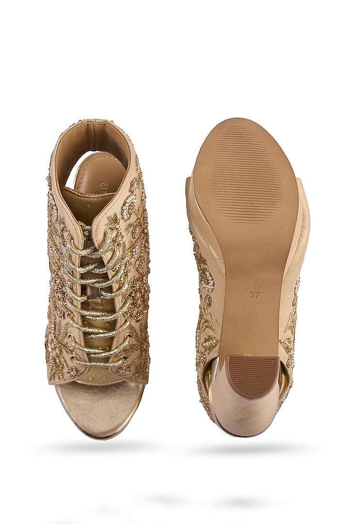 Gold Satin Floral Embroidered Boots by Anaar at Pernia's Pop Up Shop
