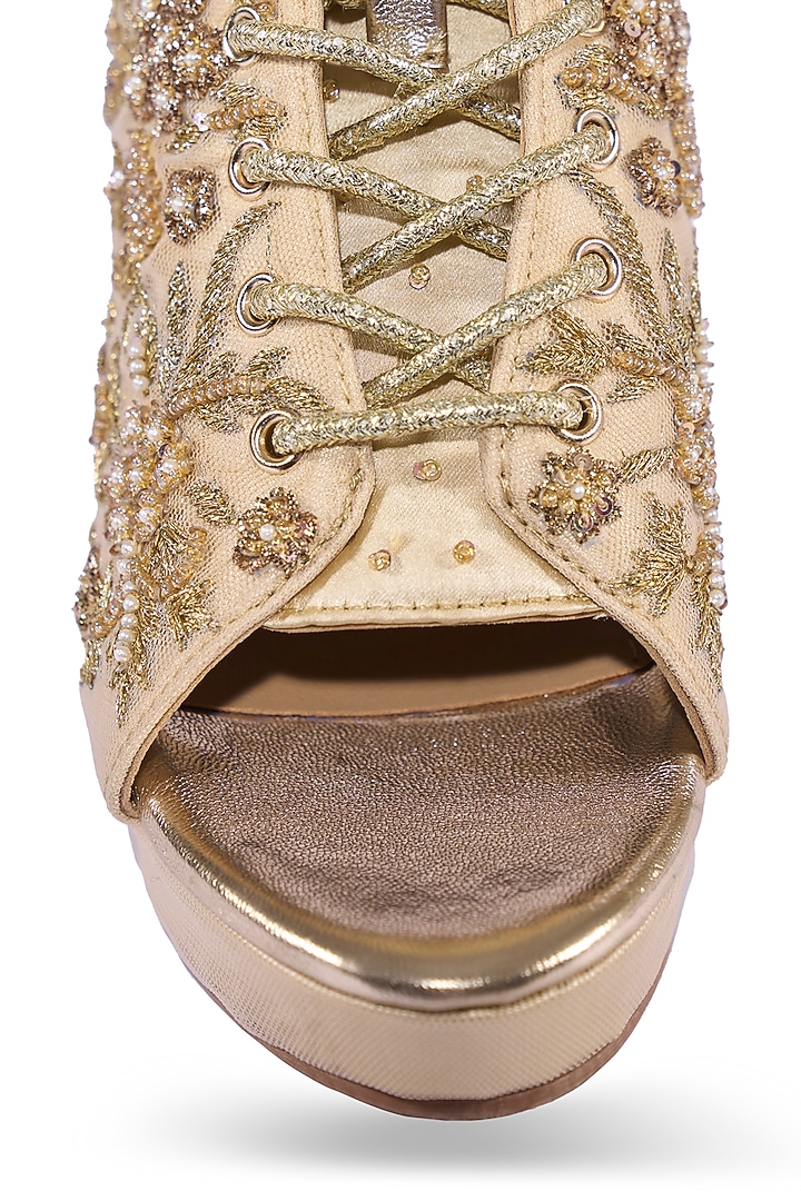 Gold Satin Floral Embroidered Boots by Anaar at Pernia's Pop Up Shop
