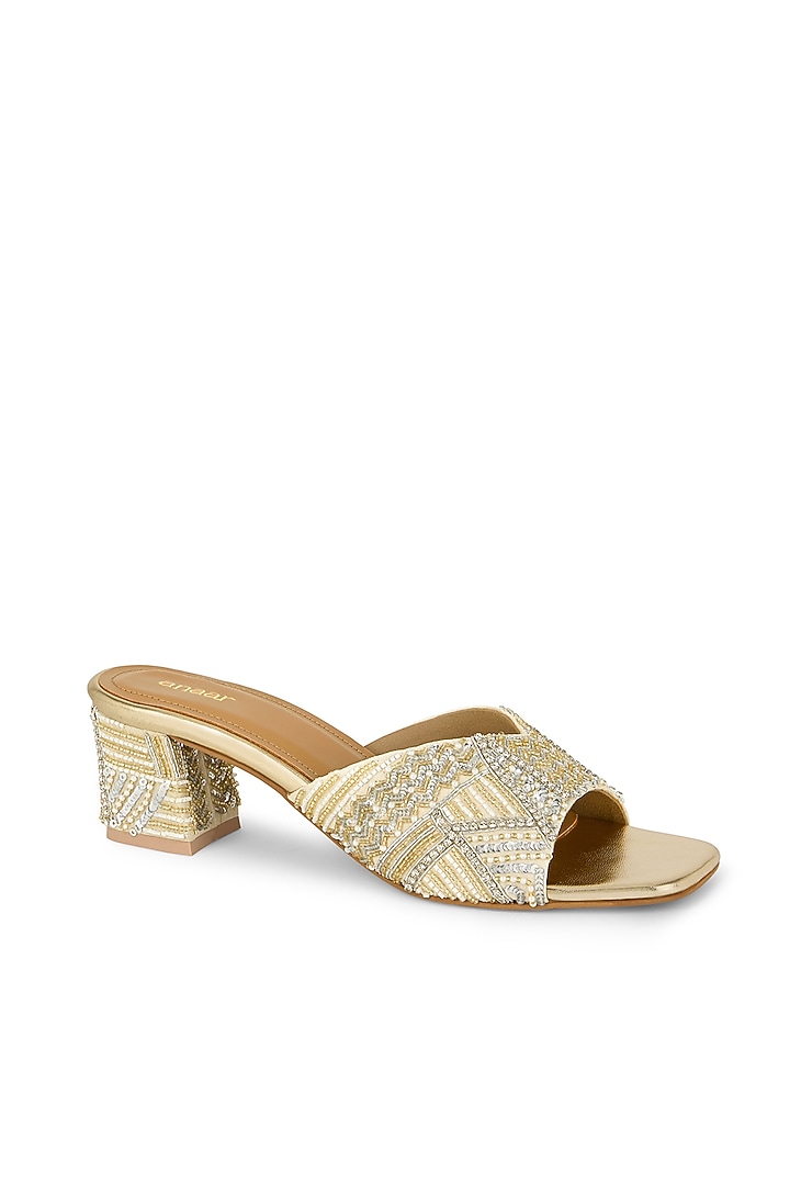 Off-White Chiffon Hand Embroidered Block Heels by Anaar at Pernia's Pop Up Shop