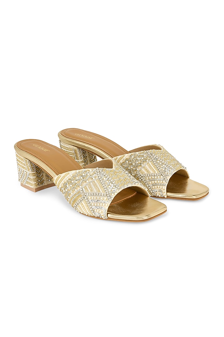 Off-White Chiffon Hand Embroidered Block Heels by Anaar at Pernia's Pop Up Shop