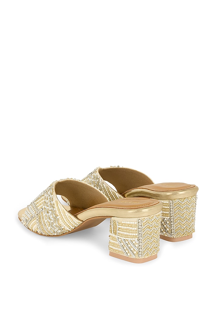 Off-White Chiffon Hand Embroidered Block Heels by Anaar at Pernia's Pop Up Shop