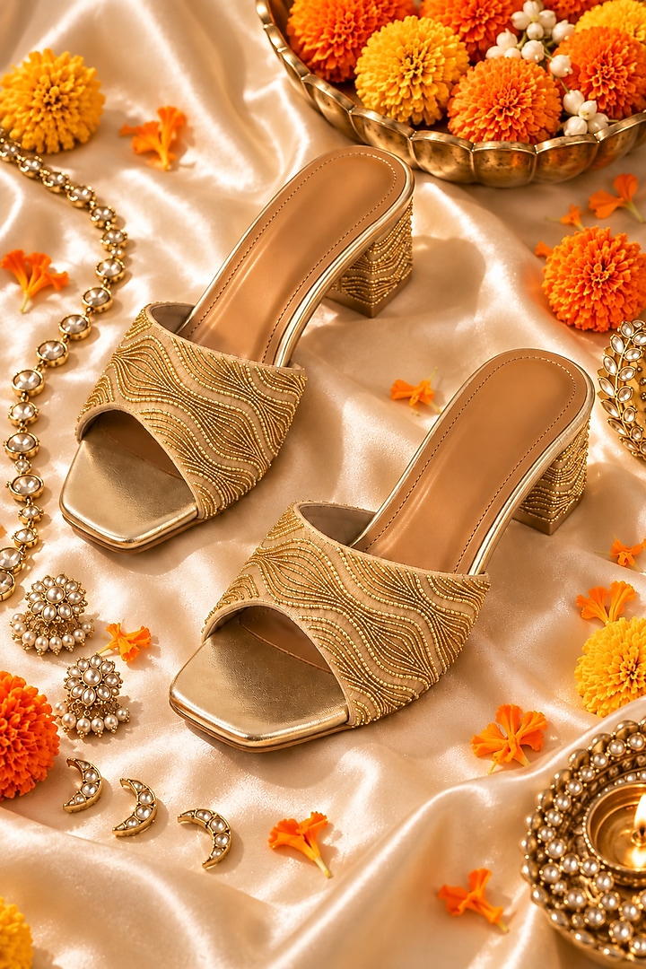 Gold Blended Woven Beads Embellished Block Heels by Anaar at Pernia's Pop Up Shop