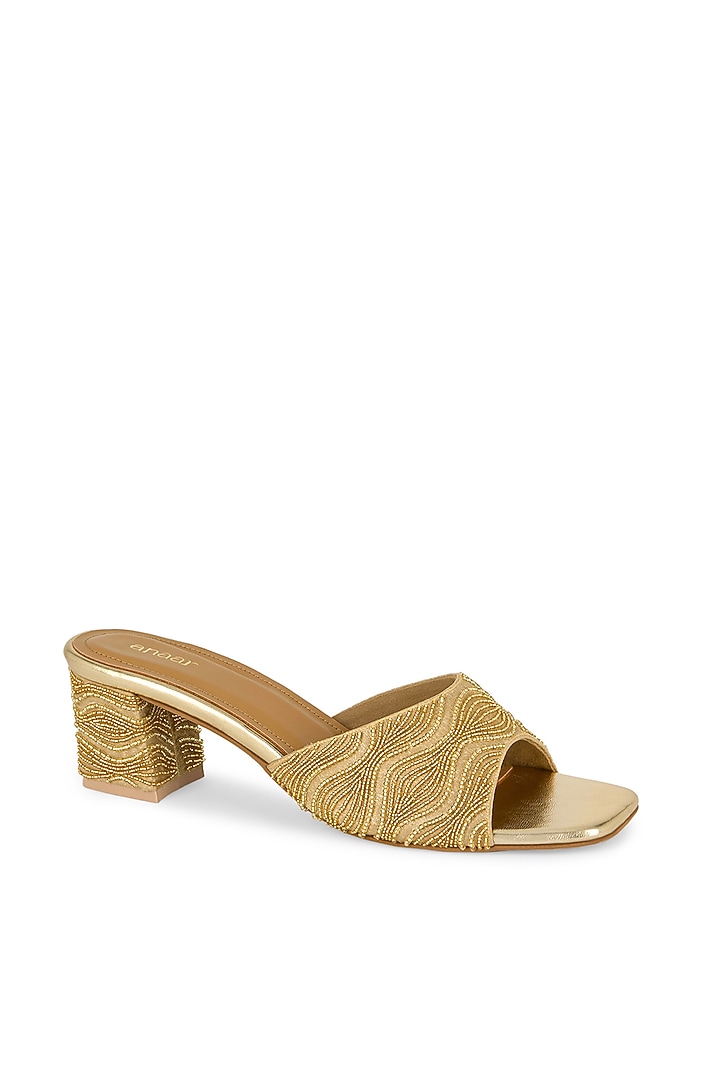 Gold Blended Woven Beads Embellished Block Heels by Anaar at Pernia's Pop Up Shop