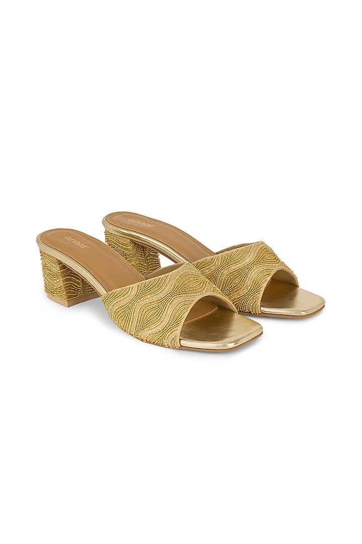 Gold Blended Woven Beads Embellished Block Heels by Anaar at Pernia's Pop Up Shop