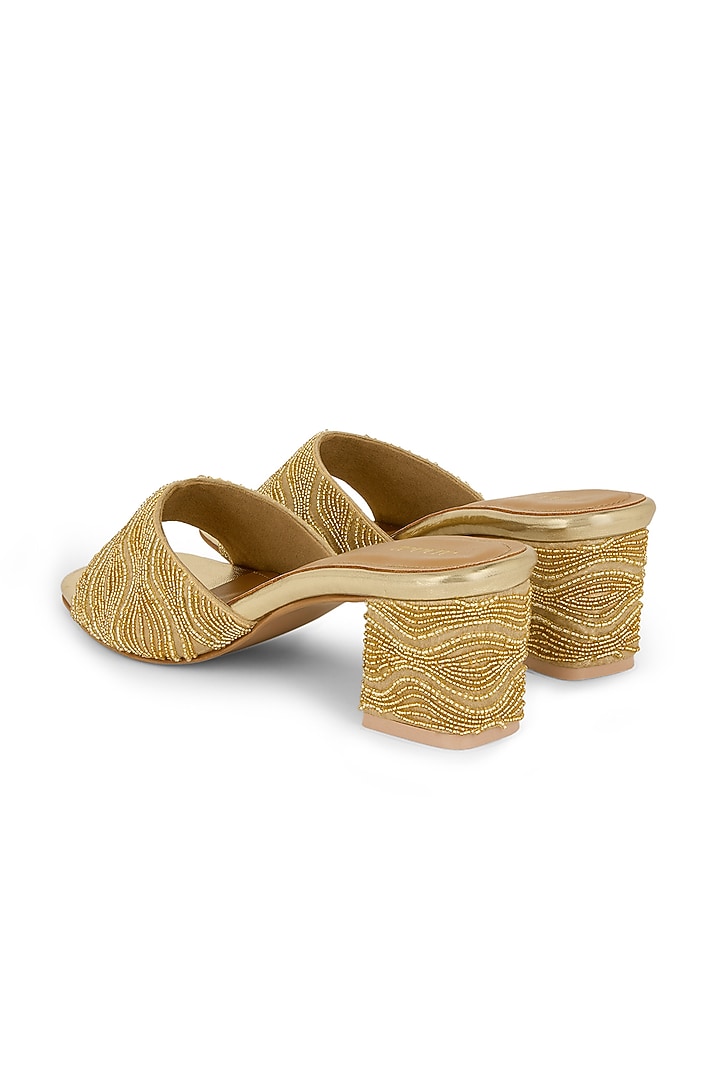 Gold Blended Woven Beads Embellished Block Heels by Anaar at Pernia's Pop Up Shop