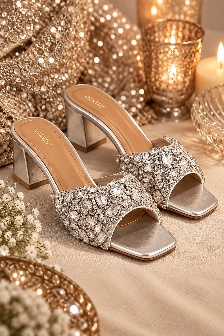 Silver Satin Hand Embroidered Block Heels by Anaar at Pernia's Pop Up Shop