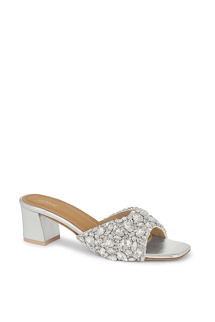 Silver Satin Hand Embroidered Block Heels by Anaar at Pernia's Pop Up Shop