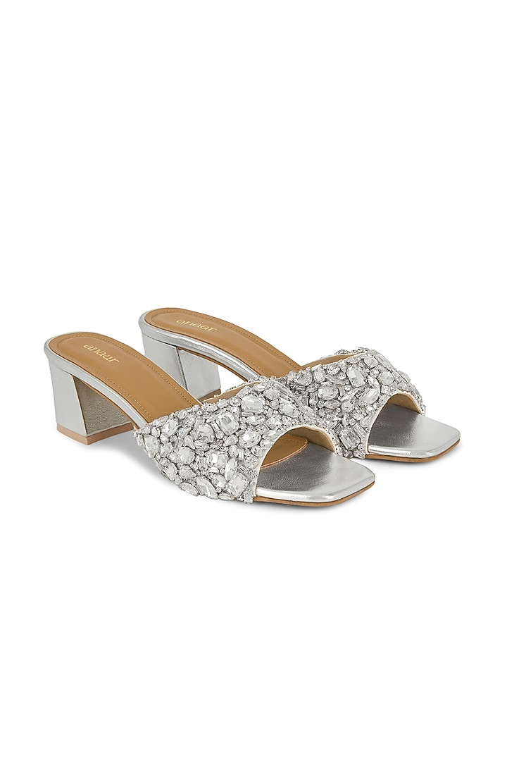 Silver Satin Hand Embroidered Block Heels by Anaar at Pernia's Pop Up Shop