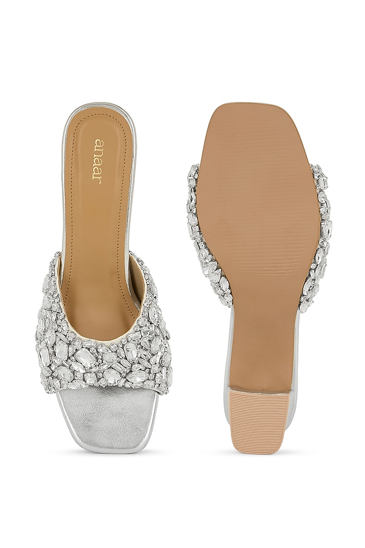Silver Satin Hand Embroidered Block Heels by Anaar at Pernia's Pop Up Shop