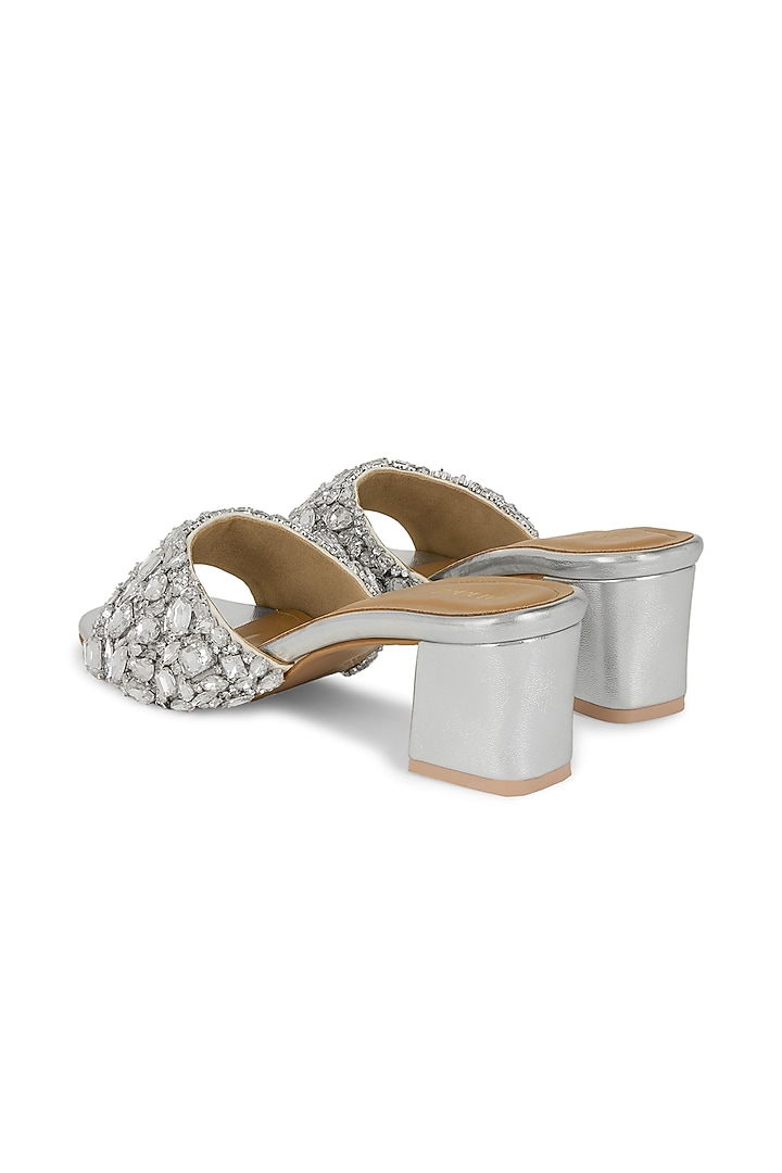 Silver Satin Hand Embroidered Block Heels by Anaar at Pernia's Pop Up Shop