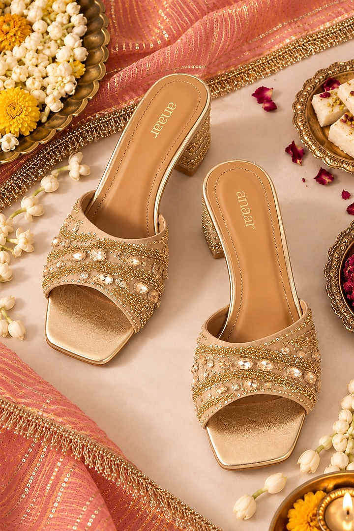 Gold Blended Woven Cutdana Embroidered Block Heels by Anaar at Pernia's Pop Up Shop