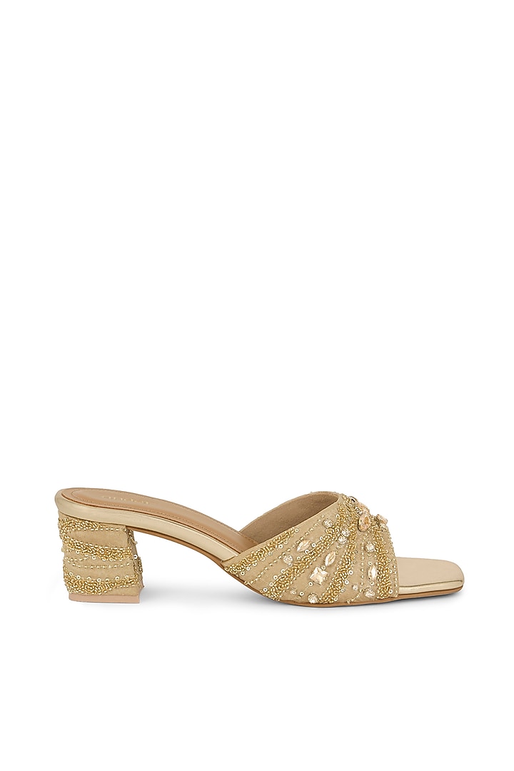 Gold Blended Woven Cutdana Embroidered Block Heels by Anaar at Pernia's Pop Up Shop