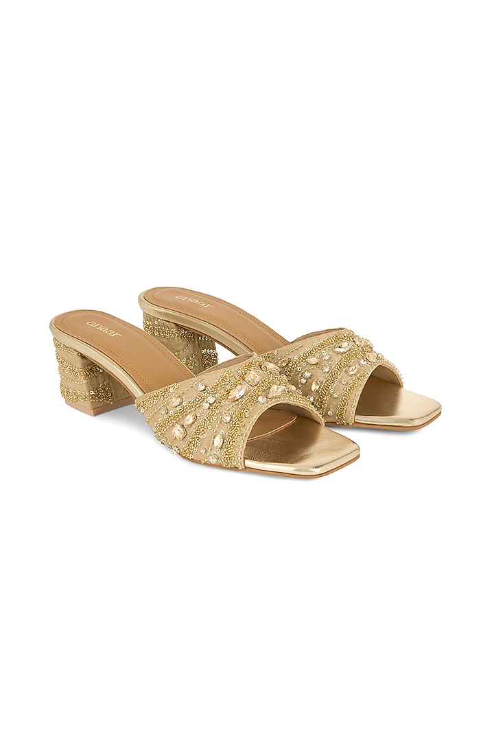 Gold Blended Woven Cutdana Embroidered Block Heels by Anaar at Pernia's Pop Up Shop