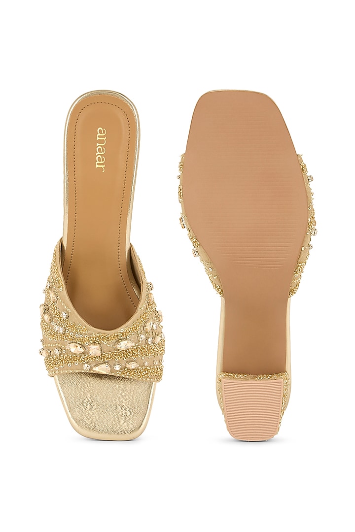 Gold Blended Woven Cutdana Embroidered Block Heels by Anaar at Pernia's Pop Up Shop