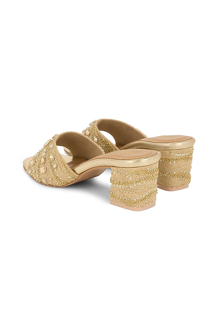Gold Blended Woven Cutdana Embroidered Block Heels by Anaar at Pernia's Pop Up Shop