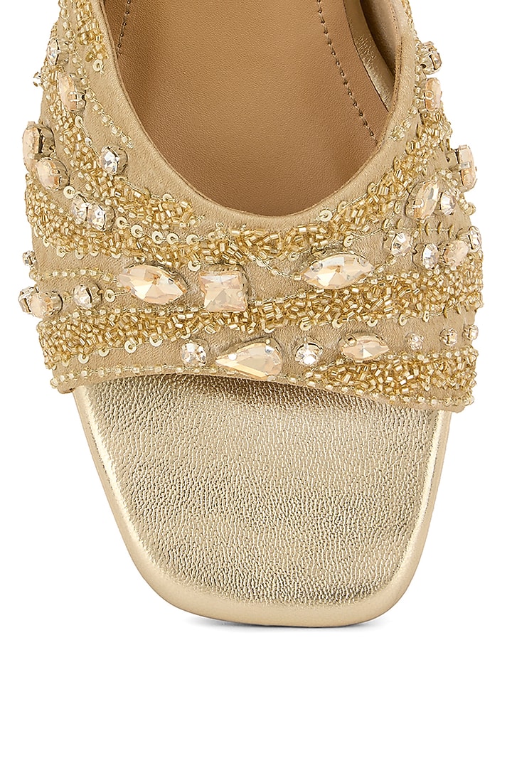 Gold Blended Woven Cutdana Embroidered Block Heels by Anaar at Pernia's Pop Up Shop