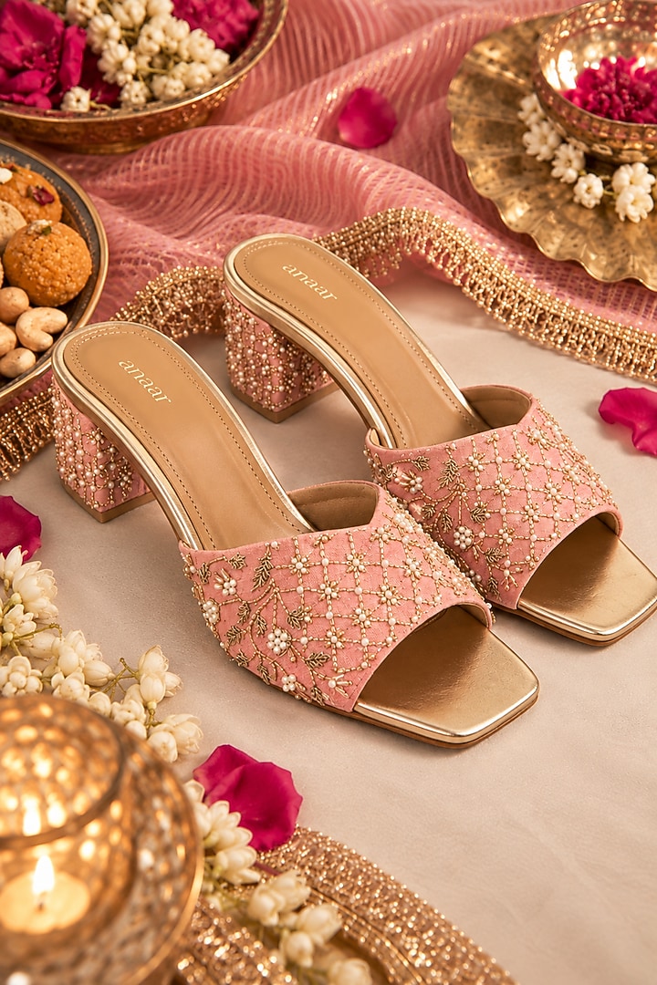 Pink Gajji Satin Dabka Embroidered Block Heels by Anaar at Pernia's Pop Up Shop