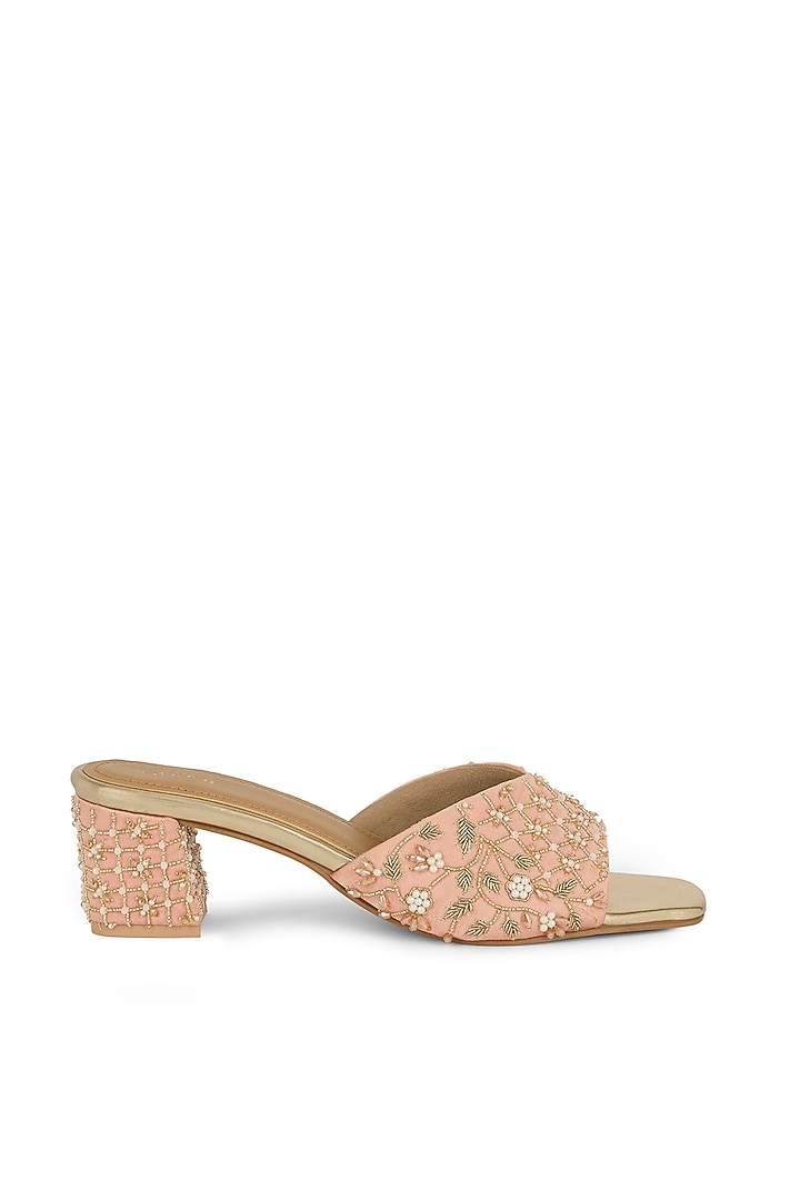 Pink Gajji Satin Dabka Embroidered Block Heels by Anaar at Pernia's Pop Up Shop