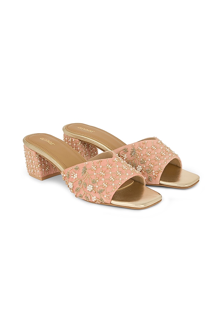 Pink Gajji Satin Dabka Embroidered Block Heels by Anaar at Pernia's Pop Up Shop