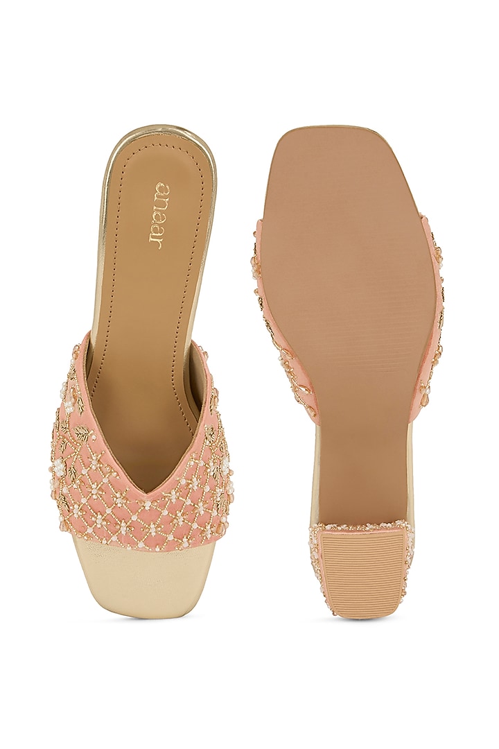 Pink Gajji Satin Dabka Embroidered Block Heels by Anaar at Pernia's Pop Up Shop