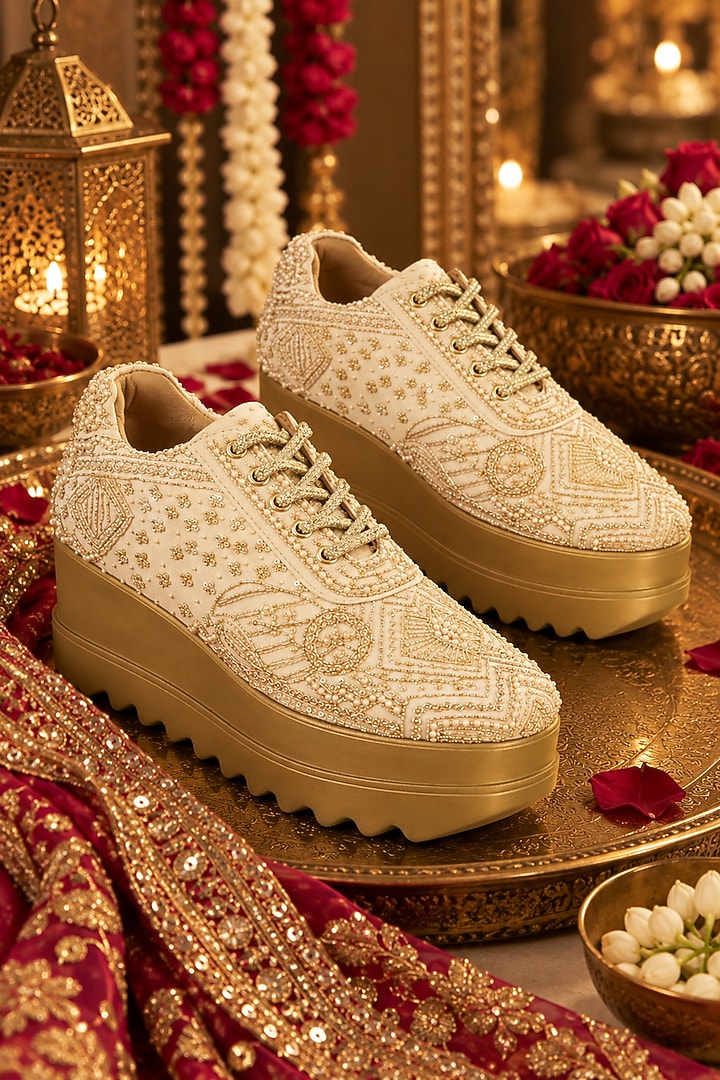 Ivory Chiffon Zari Embroidered Sneakers by Anaar at Pernia's Pop Up Shop