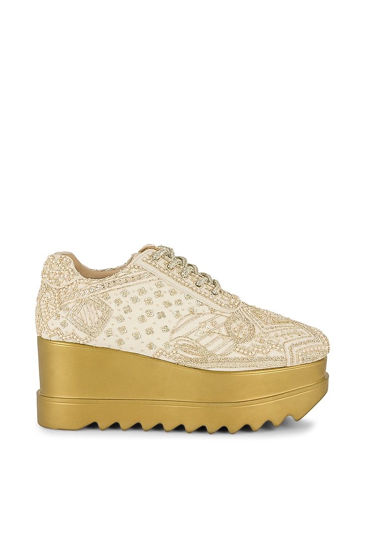 Ivory Chiffon Zari Embroidered Sneakers by Anaar at Pernia's Pop Up Shop