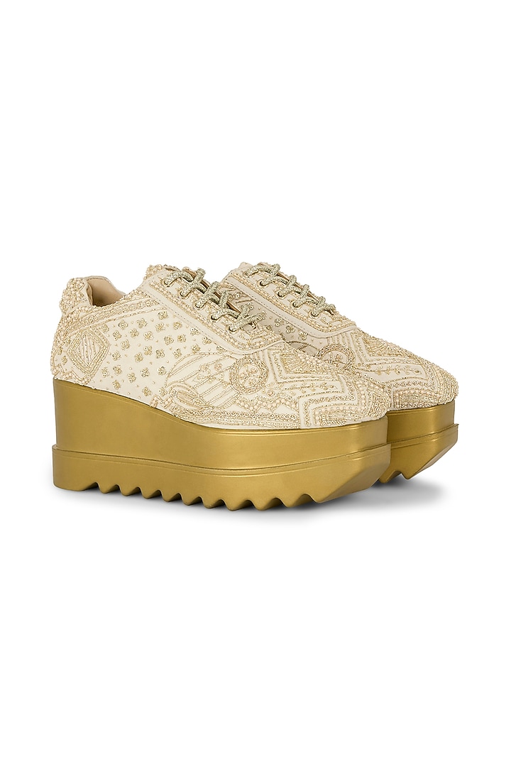 Ivory Chiffon Zari Embroidered Sneakers by Anaar at Pernia's Pop Up Shop