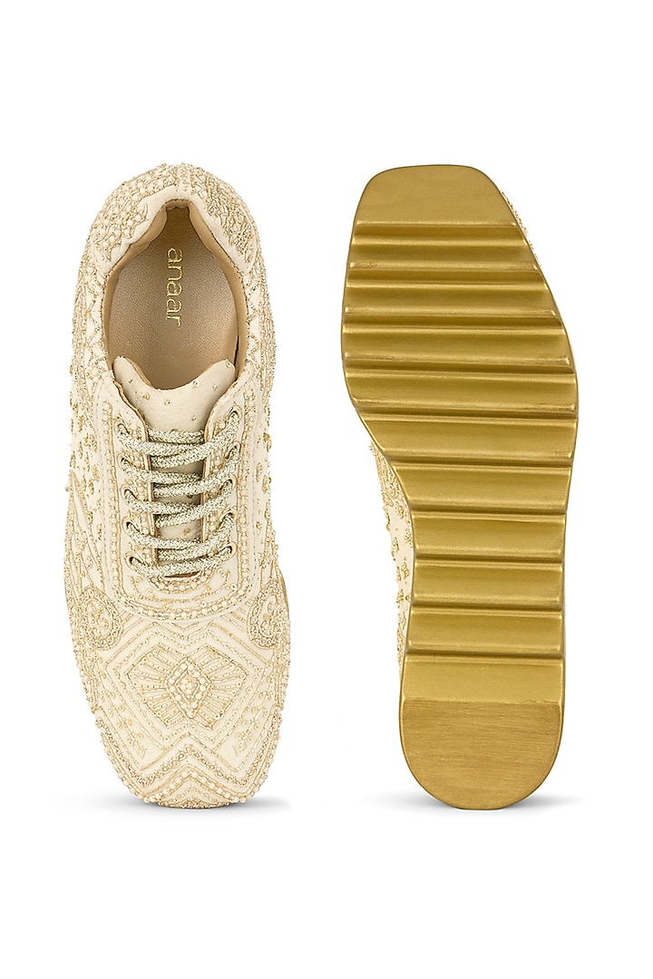 Ivory Chiffon Zari Embroidered Sneakers by Anaar at Pernia's Pop Up Shop