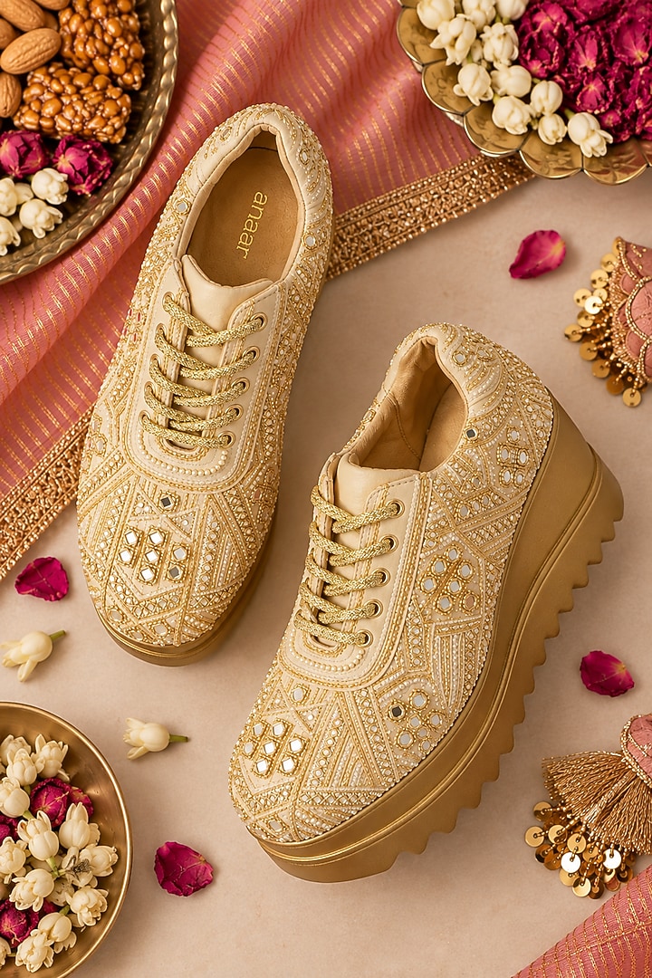 Champagne Gold Chiffon Zari Embroidered Sneaker by Anaar at Pernia's Pop Up Shop