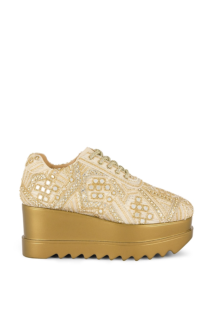 Champagne Gold Chiffon Zari Embroidered Sneaker by Anaar at Pernia's Pop Up Shop